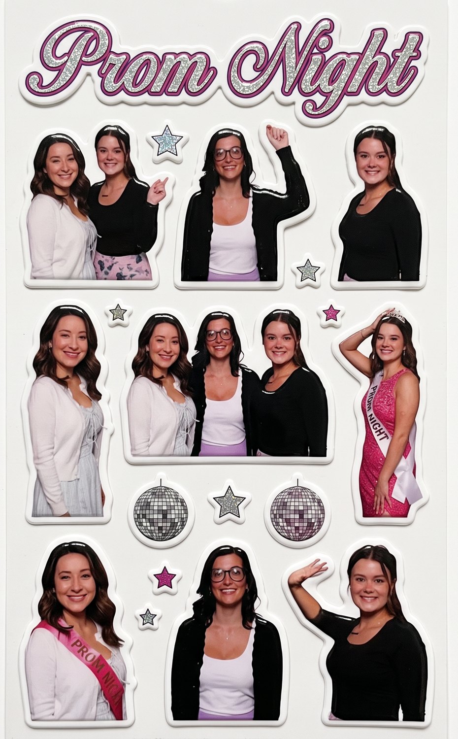 A Prom Night sticker sheet with a glitter headline, disco balls, stars, and cut-out photos of three friends in different poses